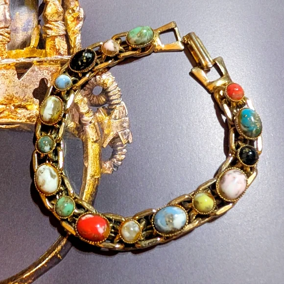 Vintage Art Glass Cabochon Heavy Chain Bracelet - Picture 6 of 7